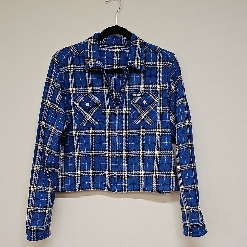 Polo Jeans Co Blue Plaid Zip-Up Cropped Shirt Jacket Shacket, *Fabric Not Known*